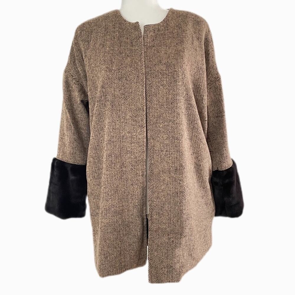 POL Open front Tweed with 3/4 Fur Sleeves Overcoat Sz S